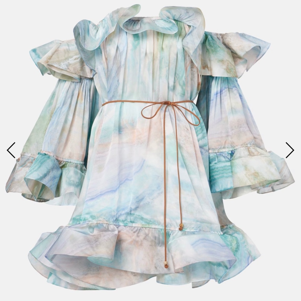 Zimmermann Illuminate Flounce Long Sleeve Off the Shoulder Silk Organza Minidres